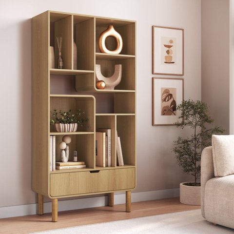 Estante para Livros Orgânica Curva 1 Gaveta 180cm 100% MDF BP com Pés em Madeira Maciça Aura Marrom/Hanover