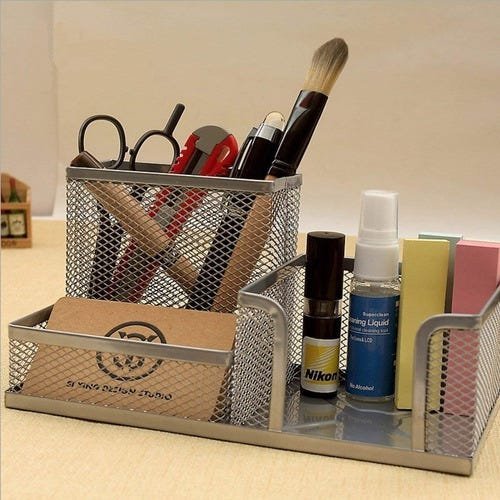 6 Porta Caneta Lápis Organizador Cinza Tela Mesa Escritório - 2
