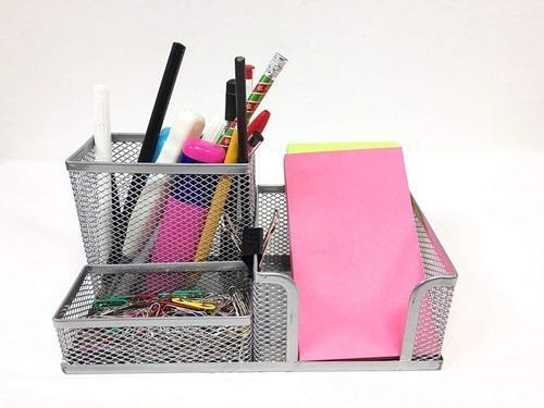 6 Porta Caneta Lápis Organizador Cinza Tela Mesa Escritório - 4