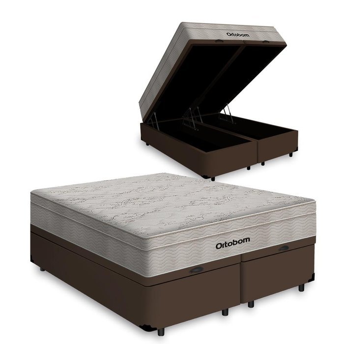 Cama Box Baú Airtech King Marrom + Colchão de Molas Ensacadas - Ortobom - Spring - 193x203x67cm