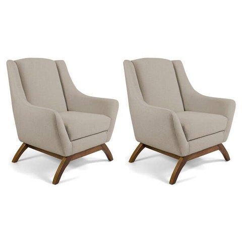 Kit 2 Poltronas Decorativa Fixa Base de Madeira Juliet D02 Linho Bege C-129 - Lyam Decor