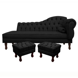 Divã Recamier Namoradeira Larissa 185cm com Capitonê - Esquerda + 02 Puffs Retrô Suede