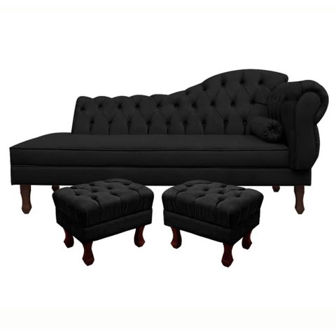 Divã Recamier Namoradeira Larissa 185cm com Capitonê - Esquerda + 02 Puffs Retrô Suede