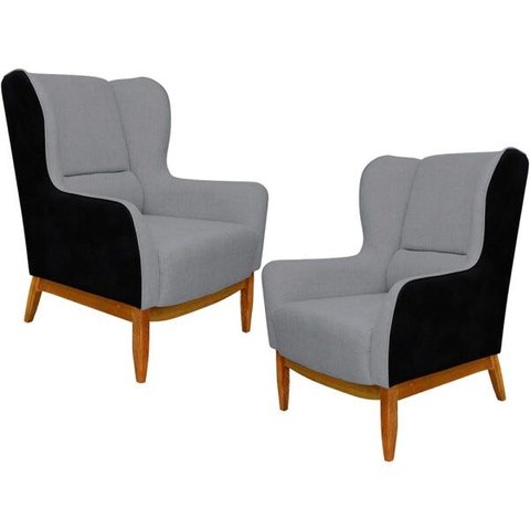 Kit 2 Poltronas Decorativa Base de Madeira Milena D02 Linho Cinza C-416 Corano Preto - Lyam Decor