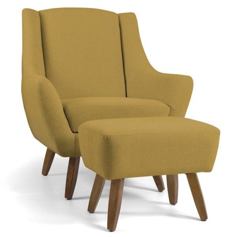 Poltrona Decorativa Fixa com Puff Pés de Madeira Juliet D02 Veludo Mostarda C-279 - Lyam Decor