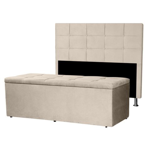 Kit Cabeceira e Calçadeira Baú Casal Queen 1,60m Roma Suede Bege Dal Poz Estofados