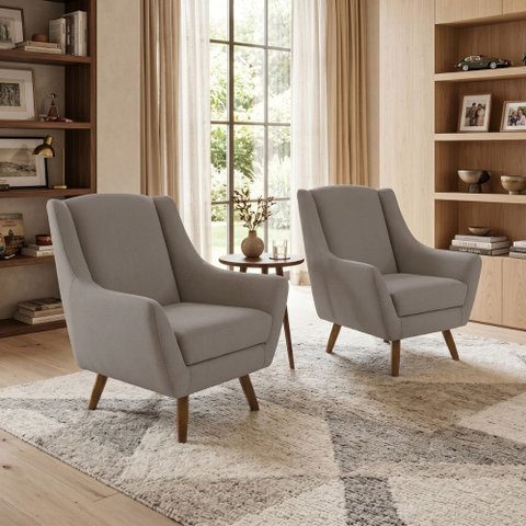 Kit 2 Poltronas Decorativa Fixa Pés de Madeira Juliet D02 Veludo Bege Escuro C-68 - Lyam Decor
