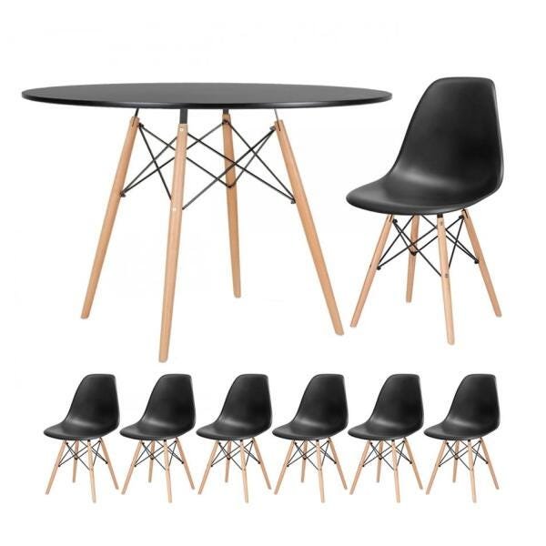 Conjunto de Mesa Redonda Eames 120cm Preto + 6 Cadeiras Eiffel Dsw Preto - 1