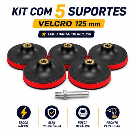Kit 5 Suportes Disco Lixa Velcro 125mm + Eixo para Furadeira