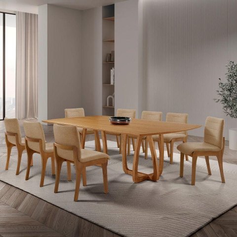 Sala de Jantar Flora 8 Lugares Tampo MDF Cadeiras Bella Linho Imbuia 220cm Mobillare