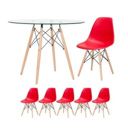 Conjunto de Mesa de Vidro Eames 100cm + 5 Cadeiras Eiffel Dsw Vermelho - 1