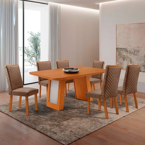 Mesa de Jantar Carolina 180cm Tampo MDF Canto Copo com 6 Cadeiras Lira