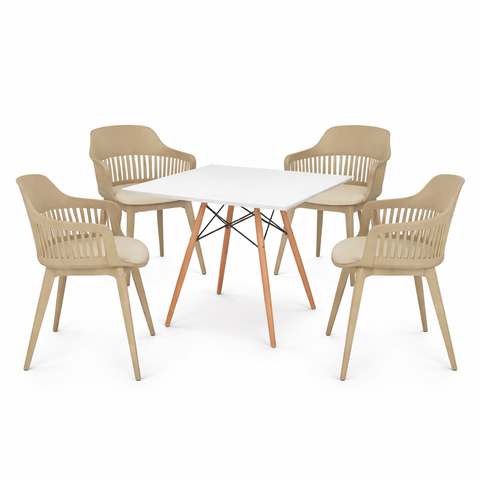 Conjunto Mesa de Jantar Quadrada Branco 90cm com 4 Cadeiras Marcela – Nude