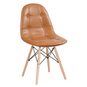 Cadeira Estofada Eames Eiffel Botonê - Marrom Caramelo Vintage - Base de Madeira Clara