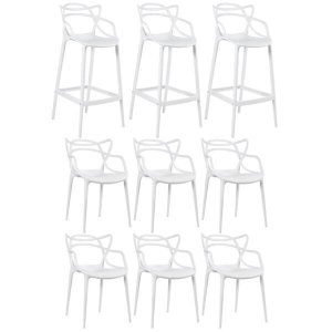 Kit 6 Cadeiras e 3 Banquetas Altas Masters Allegra - Branco