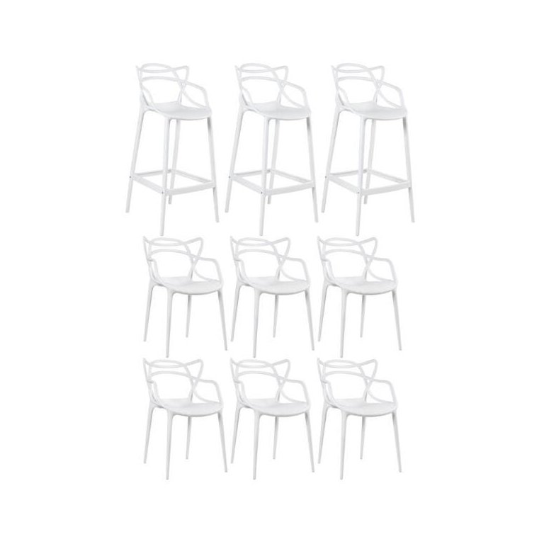 Kit 6 Cadeiras e 3 Banquetas Altas Masters Allegra - Branco