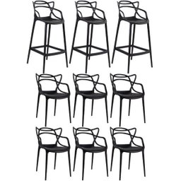 Kit 6 Cadeiras e 3 Banquetas Altas Masters Allegra - Preto - 1