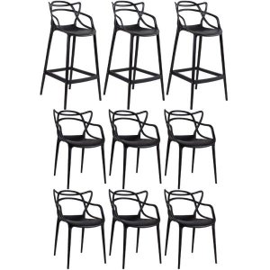 Kit 6 Cadeiras e 3 Banquetas Altas Masters Allegra - Preto