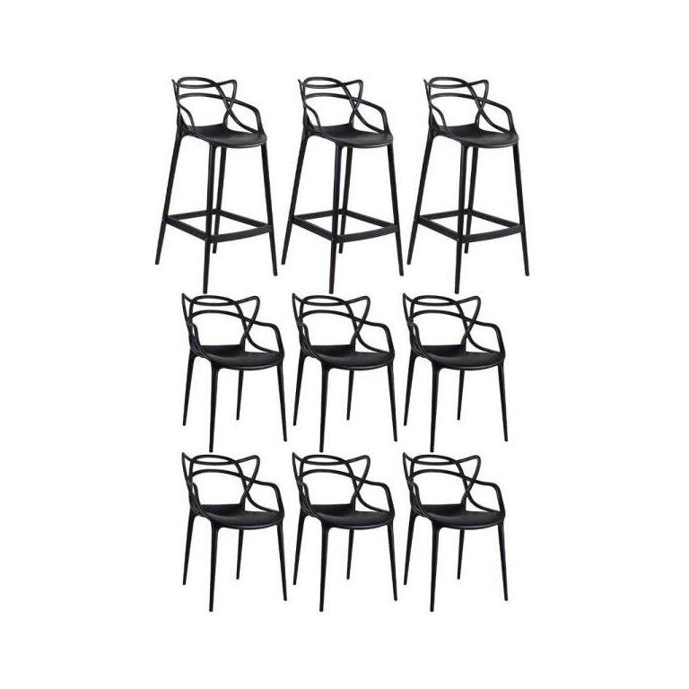 Kit 6 Cadeiras e 3 Banquetas Altas Masters Allegra - Preto Kit 6 Cadeiras e 3 Banquetas Altas Masters Allegra - Preto