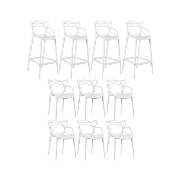 Kit 6 Cadeiras e 4 Banquetas Altas Masters Allegra - Branco Kit 6 Cadeiras e 4 Banquetas Altas Masters Allegra - Branco