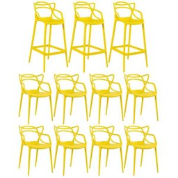 Kit 8 Cadeiras e 3 Banquetas Altas Masters Allegra - Amarelo - 1