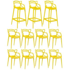 Kit 8 Cadeiras e 3 Banquetas Altas Masters Allegra - Amarelo