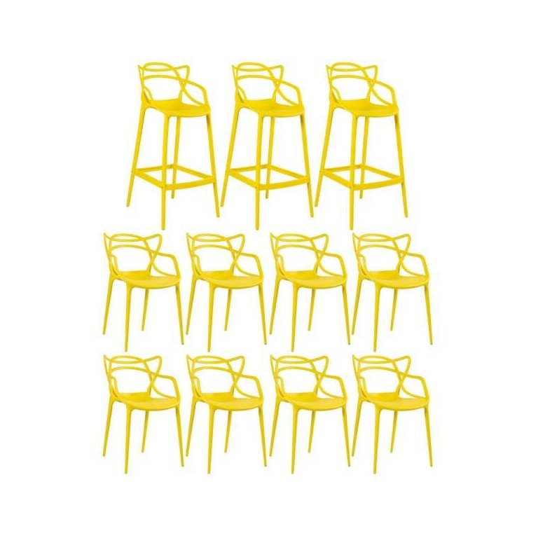 Kit 8 Cadeiras e 3 Banquetas Altas Masters Allegra - Amarelo Kit 8 Cadeiras e 3 Banquetas Altas Masters Allegra - Amarelo