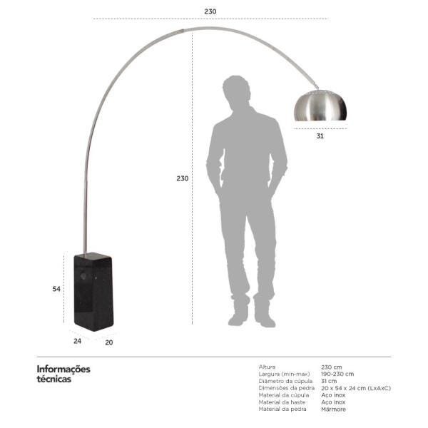 Luminária de Piso Arco Lâmpada Aço Inox Pedra de Mármore Preto