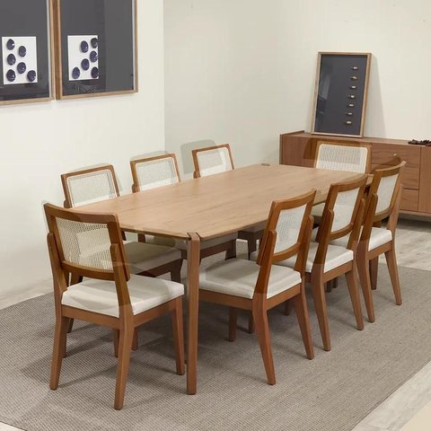 Conjunto de Jantar Mesa Retangular Harmony 8 Cadeiras Saga - Natural C/ Cru