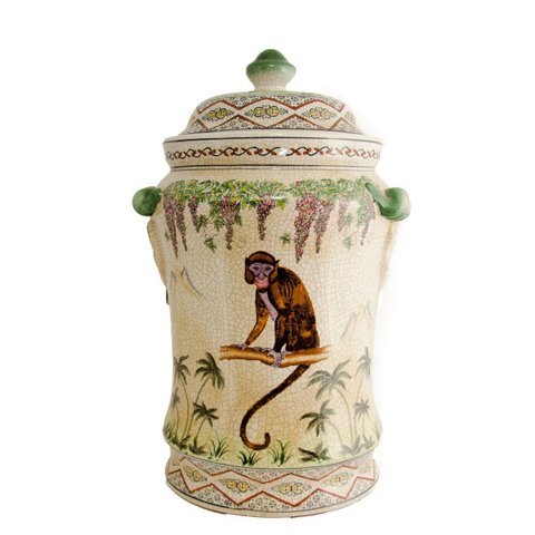 Potiche Decorativo com Tampa Cerâmica Chinesa Craquelada Macaco Pintado À Mão 46cm Columbus Gold