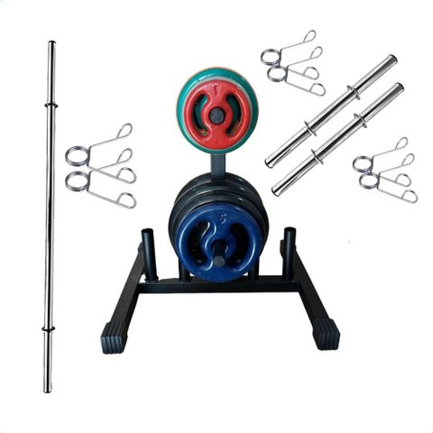 Kit Musculação com Suporte + 50 Kg de Anilhas Emborrachadas com Barras