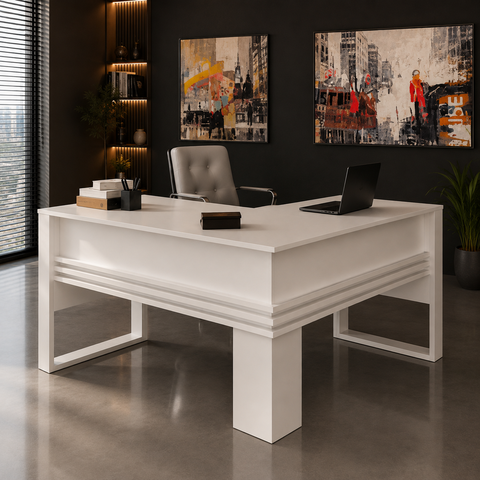 Mesa para Escritório em L 136cm com Detalhe Ripado ME4145 Branco - Tecno Mobili