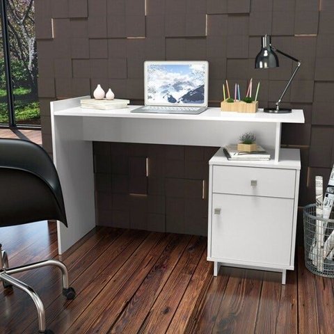 Mesa Escrivaninha para Computador Lisboa com 1 Porta e 1 Gaveta - Branco