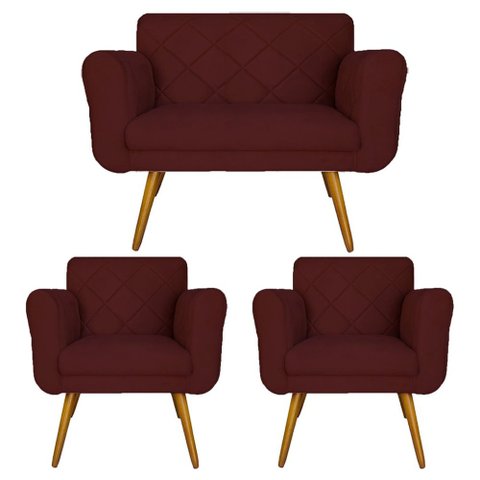 Kit Namoradeira e 2 Poltrona Decorativa Sala Comercial Isabella Suede Vermelho Bordô - LM DECOR