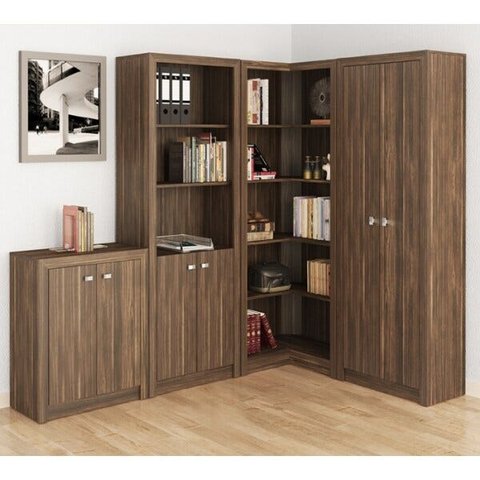 Conjunto Home Office 4 Peças com 1 Balcão, 1 Estante, 1 Estante de Canto e um Armário