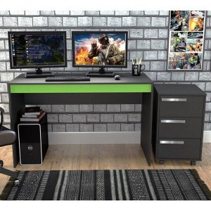 Conjunto Mesa Escrivaninha e Gaveteiro Gamer B29 Preto Verde Nova Mobile