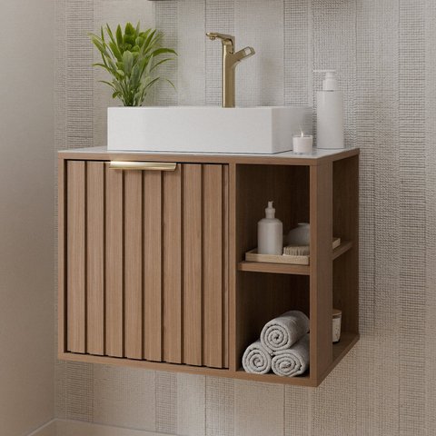 Gabinete para Banheiro 60cm com 1 Porta 2 Nichos e Cuba de Sobrepor Noruega