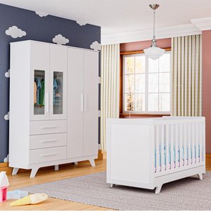 Quarto de Bebê com Guarda Roupa com Janela em Acrílico e Berço Retrô Moveis Peroba Branco Brilho