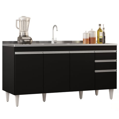 Balcão Gabinete 160cm Sem Tampo 4 Portas 2 Gavetas Arkansas Preto - Lumil Móveis