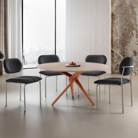 Sala de Jantar Mesa Ballare com 4 Cadeiras Moderna Mobilia Linho Preto/imbuia/off/prata