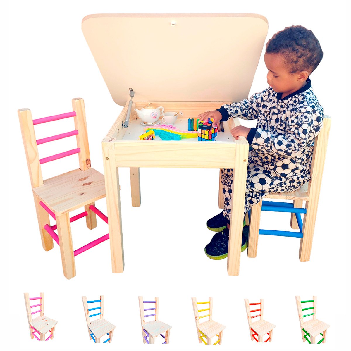 Conjunto de Mesa Baú com 2 Cadeiras Colorida Infantil de Madeira Maciça Resistente