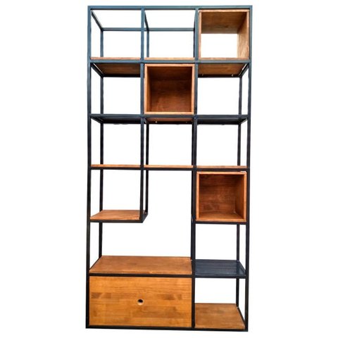 Estante Industrial Divisória de Ambientes - Ferro em Preto e Madeira Pinus Tonalidade Imbuia