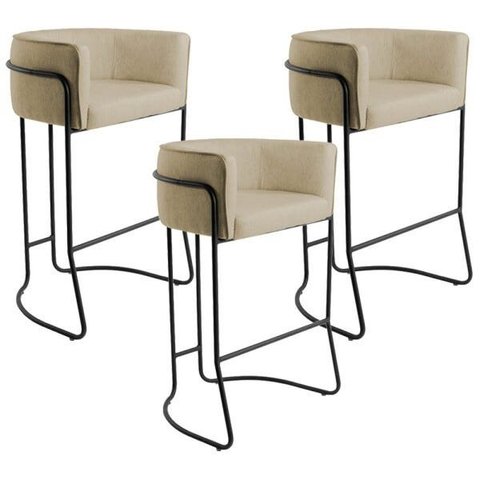 Kit 03 Banquetas Decorativas Fixa Base de Aço Preto Betina D02 Linho Bege C-129 - Lyam Decor