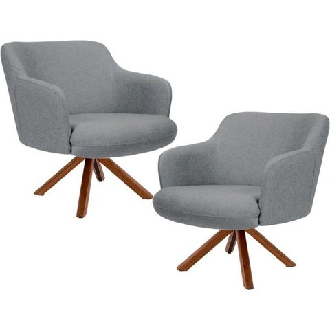 Kit 2 Poltronas Decorativa Base Giratória de Madeira Jade D02 Linho Cinza C-416 - Lyam Decor