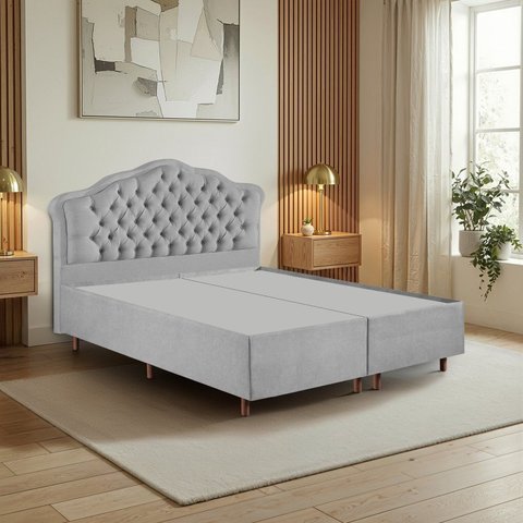 Kit Cama Box Queen + Cabeceira Estofada em Madeira Maciça Curva Provençal com Capitonê Cinza/Linho