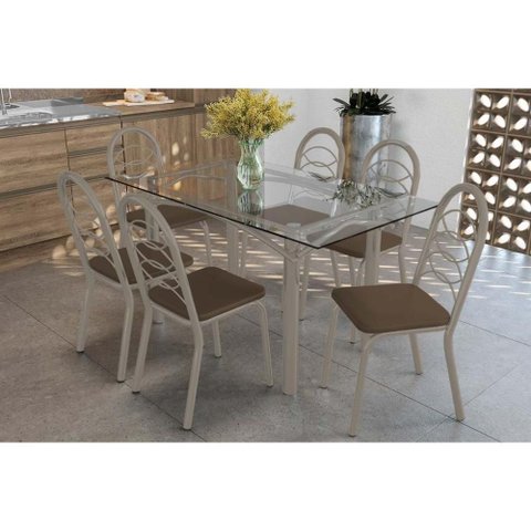 Sala de Jantar Completa Elba C/ Tampo de Vidro 150cm e 6 Cadeiras Holanda Niquel - Courano Marrom -