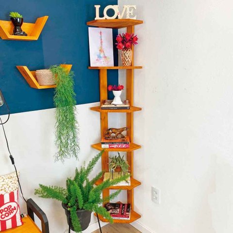 Estante de Canto de Madeira Pinus 6 Prateleiras Linea Carvalho