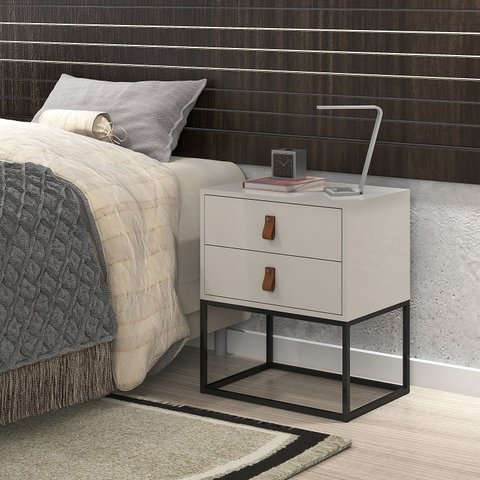 Mesa de Cabeceira Estilo Industrial com Puxador em Couro Estilo Europeu Cor:off White