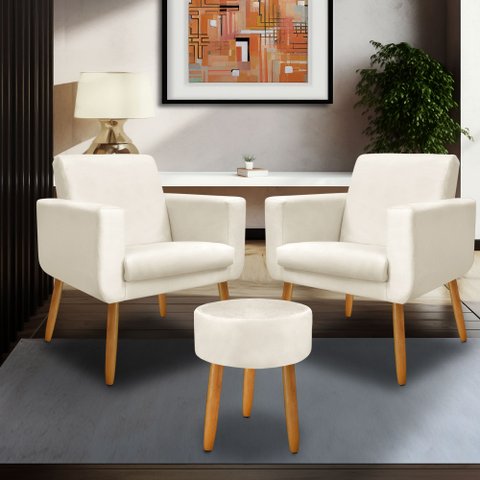 Kit 2 Poltrona Anita +puff Redondo Pés Palito Decorativo-me Ecommerce:bege