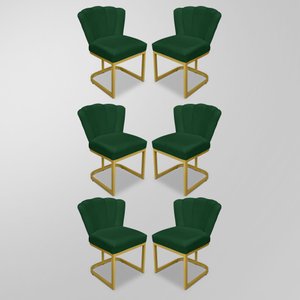 Kit 06 Cadeiras Flor Recepção Verde - Base Ferro Dourado